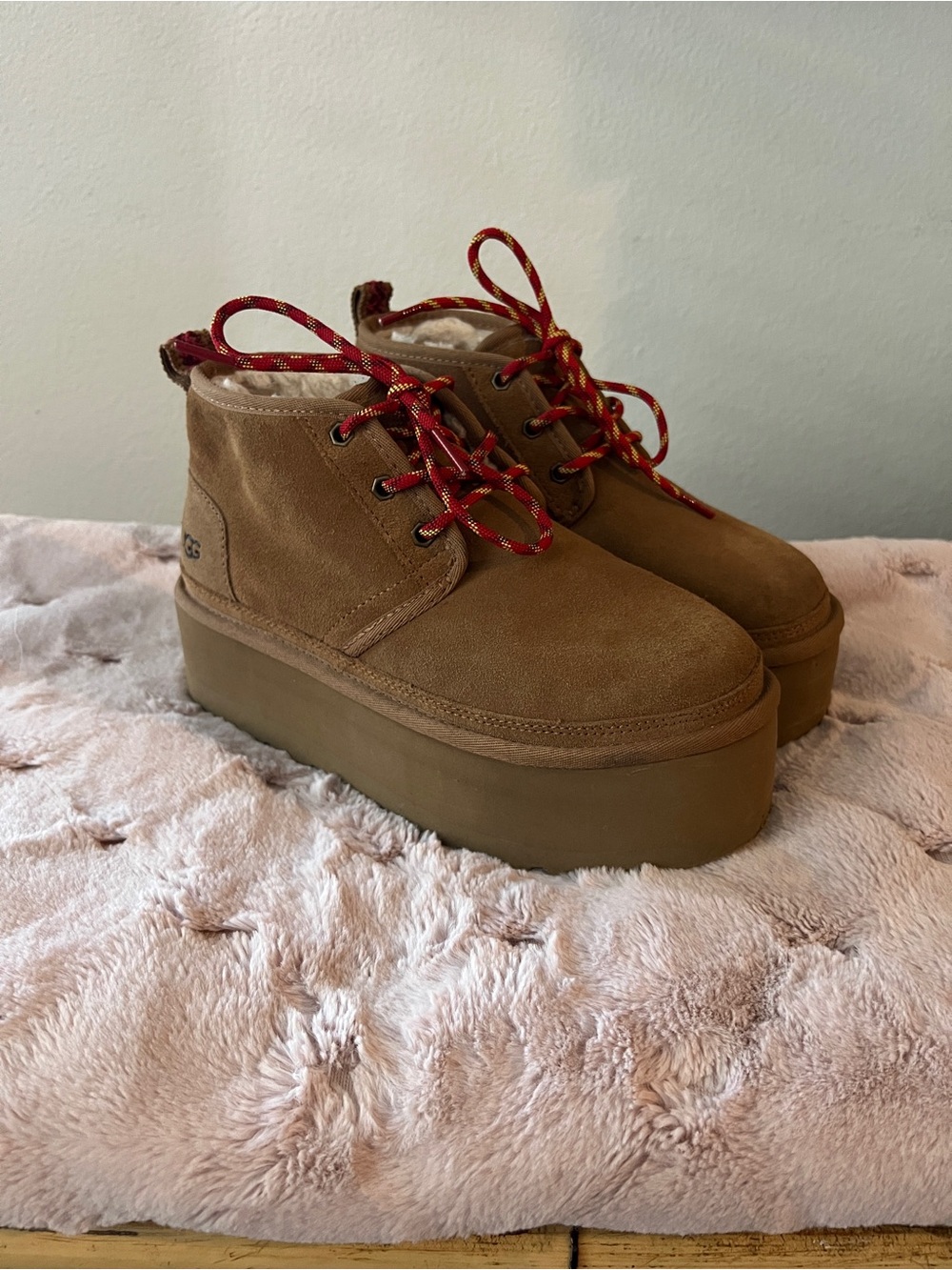 UGG Tan Suede Platform Chukka with Red Contrast Laces